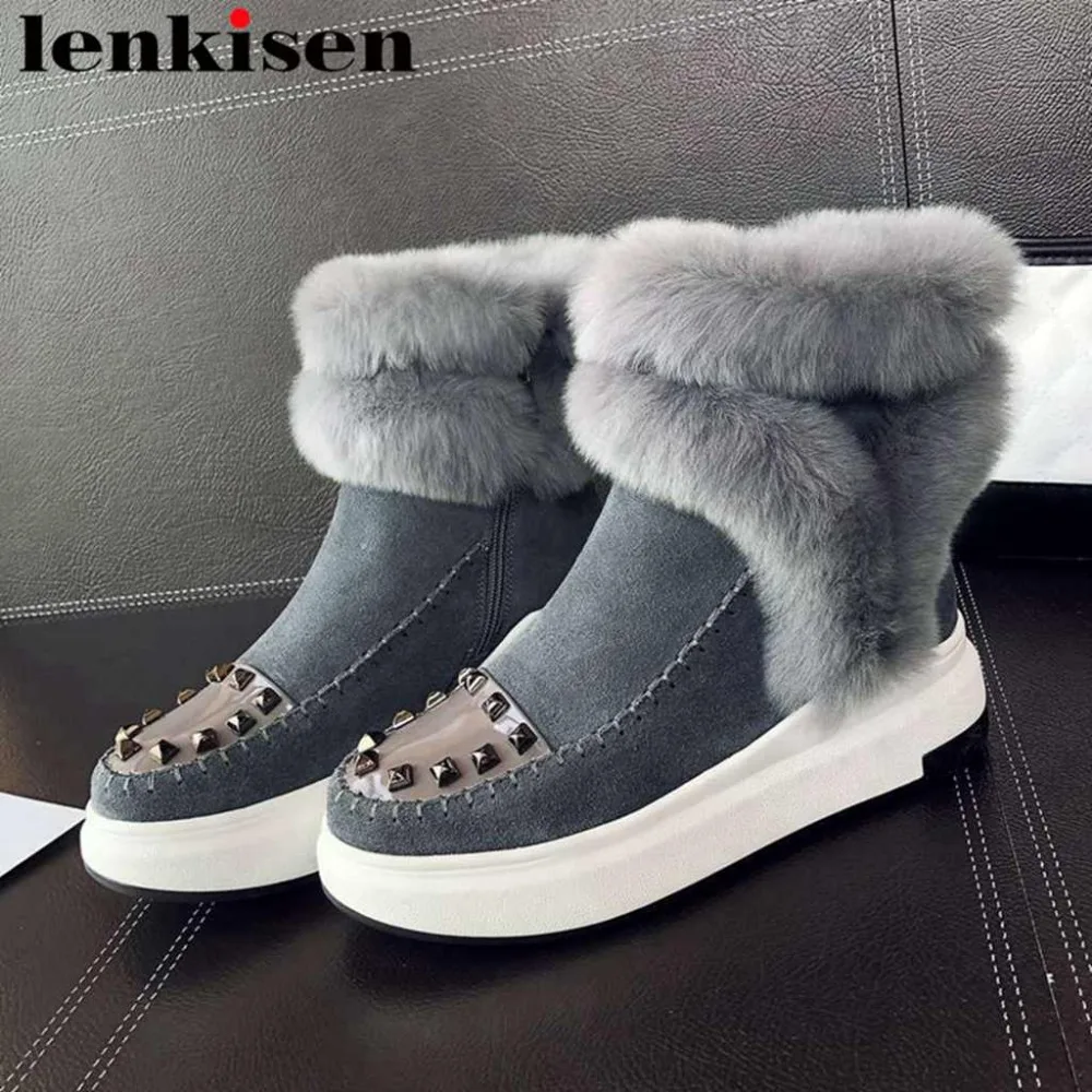 

Lenkisen natural leather rivets fur decoration winter keep warm snow boots med thick bottom platform european mid-calf boots L88