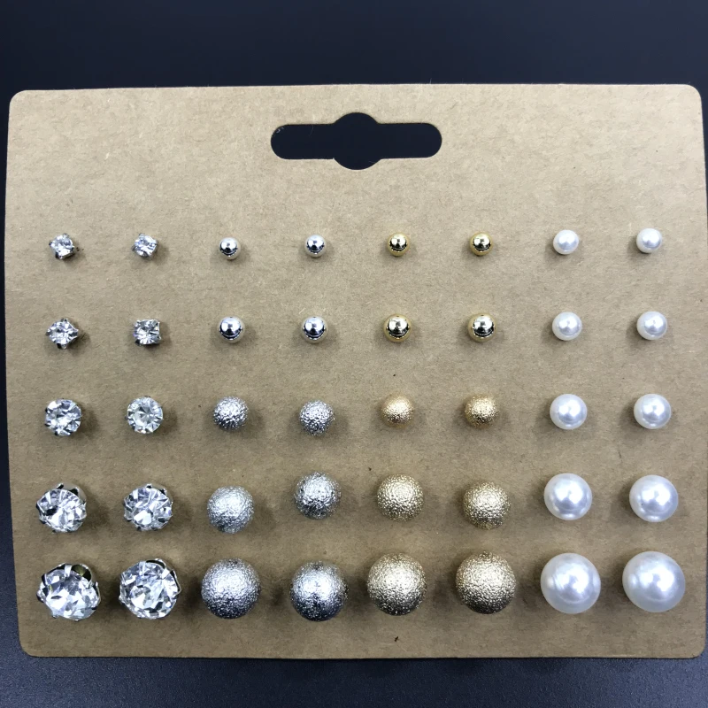 

20 Pairs/Set Classic Ball Round Simulated Pearl Stud Earrings Set For Women Girls Gifts Metal Crystal Rhinestone Earring