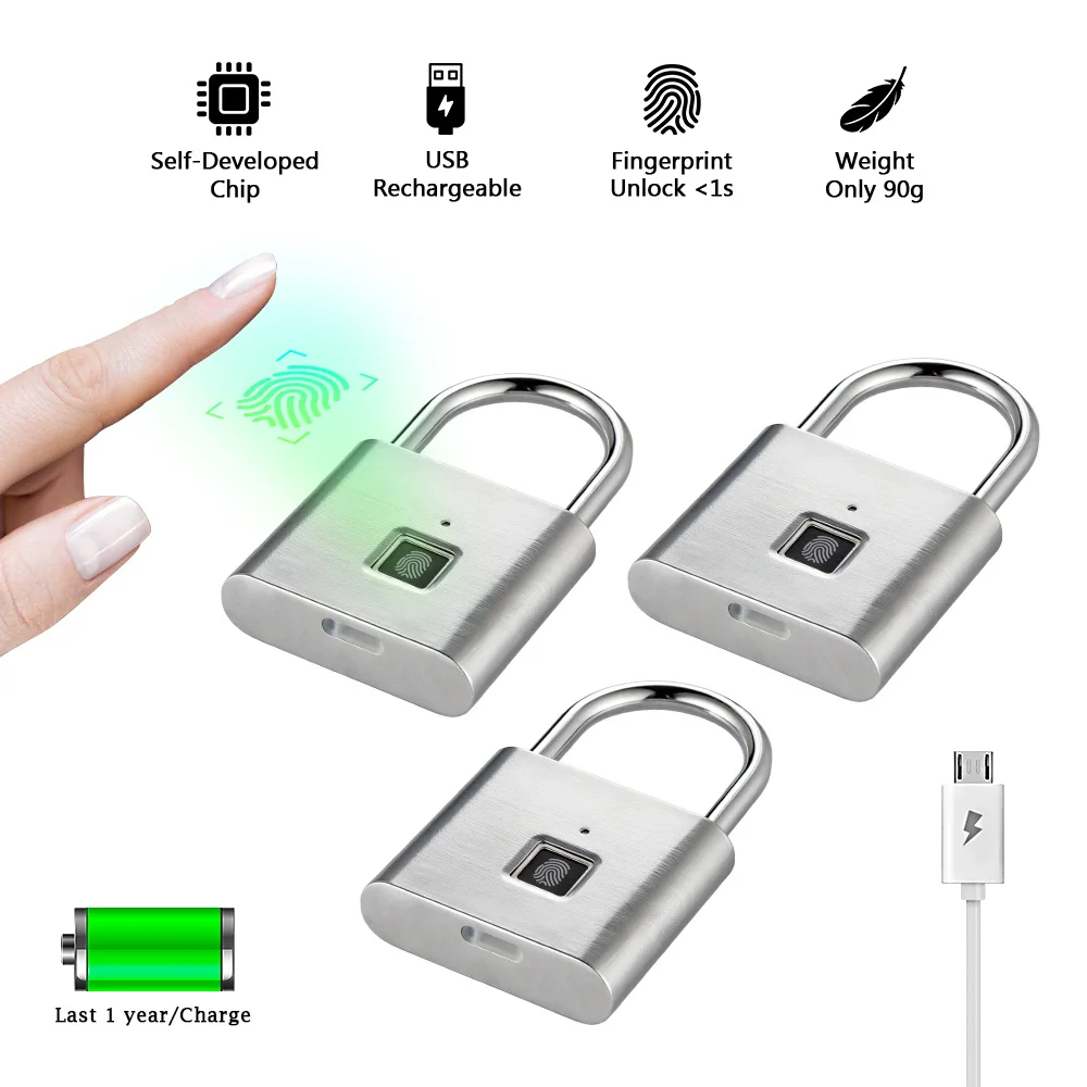 

Golden security keyless smart fingerprint padlock USB rechargeable house lock self developing chip Zinc alloy metal
