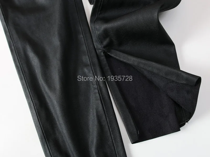 Весна Женская мода черный искусственная кожа эффект укороченные Леггинсы брюки с швы эластичный пояс разрез подол молнии теплая подкладка