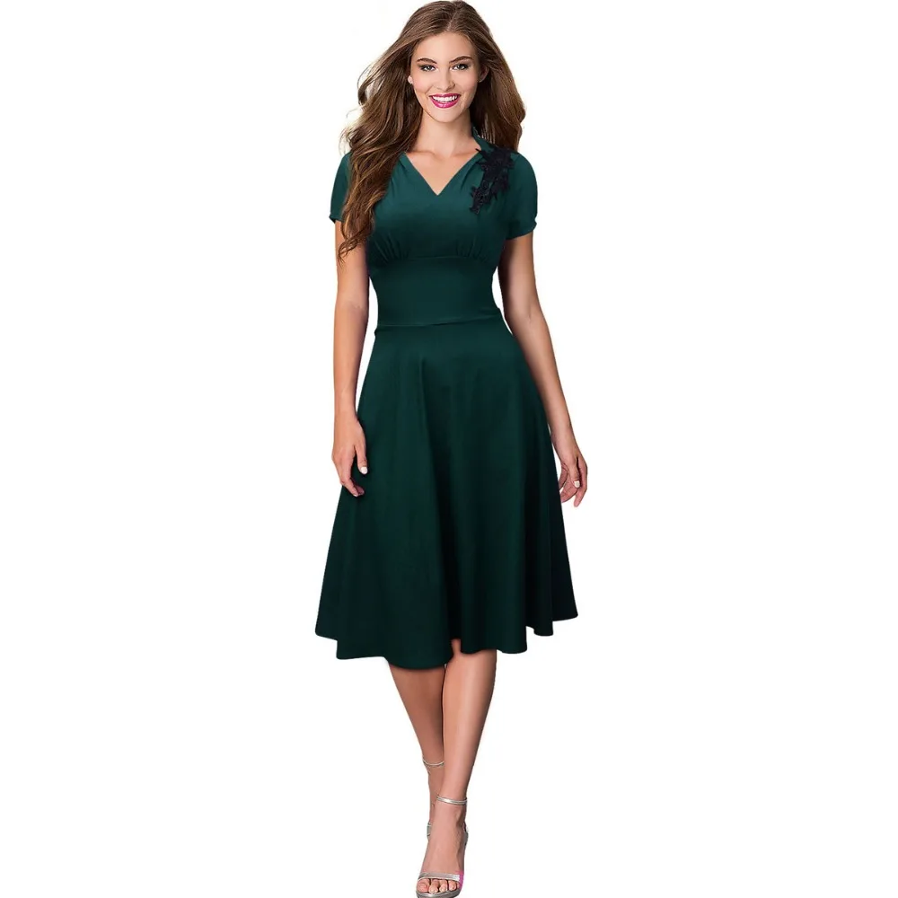 Women Green Short Sleeve Natched Retro Black Work Dress Elegant ...