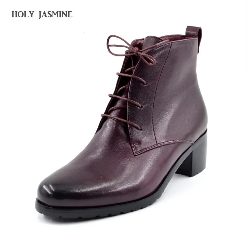 

New Fashion 2018 Genuine leather Sheepskin suede laces shoes woman ankle boots high heels round toe Autumn 35-40 size Wine red