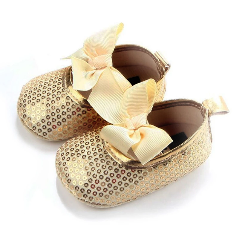 

Casual Baby Girls Bow Leather Soft Soled Non-slip Footwear Crib Soft Bottom Anti-slip Bow First Walkers Sequined princess Shoes