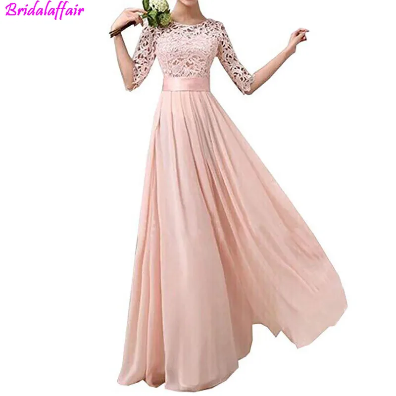 

Half Sleeve Lace Chiffon Pink Bridesmaid Dress Long Sexy 2019 African Women Corset Back Wedding Prty Dress Gown Vestido De Festa