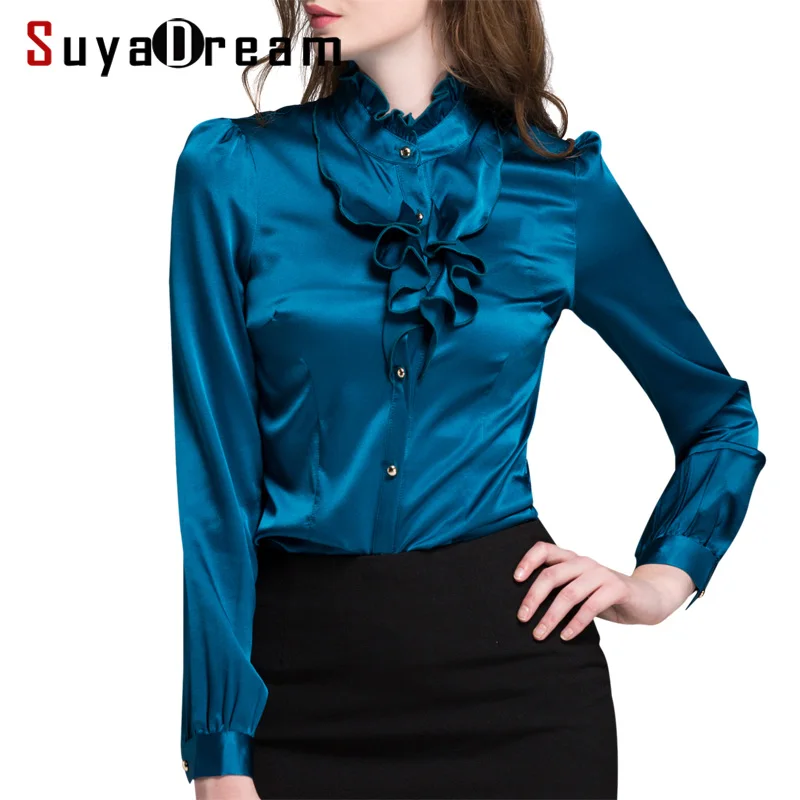 

Women SILK SATIN SHIRT 94%Mulberry Silk 6%Spandex Long sleeved Plus size Office Lady Shirt 2018 Fall Winter New Top Peacock Blue