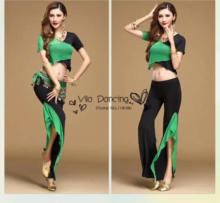 Качественный набор костюма для танца живота танец живота pratice одежда индийский комплект марлевые комплект брюки Цвет Блок Набор 8 цветов топ и брюки и ремень