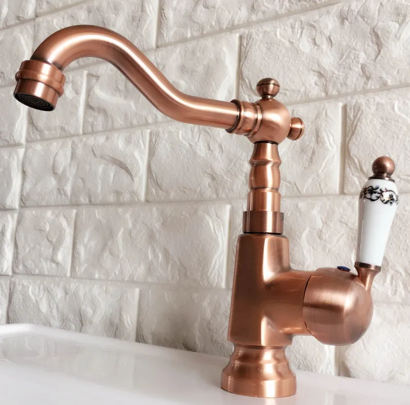 Swivel Spout Water Tap Antique Red Copper Single Handle Single Hole Kitchen Sink & Bathroom Faucet Basin Mixer Tap anf398