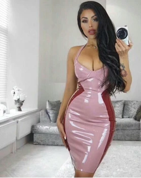 

Pu Sexy Women Dress Strap Pink Strap Knee Length Night Party Dress