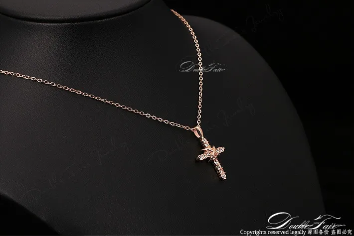 Double Fair Cross Cubic Zirconia Pave Necklaces & Pendants Rose Gold/Silver Color Wedding Jewelry For Men and Women DFN451M