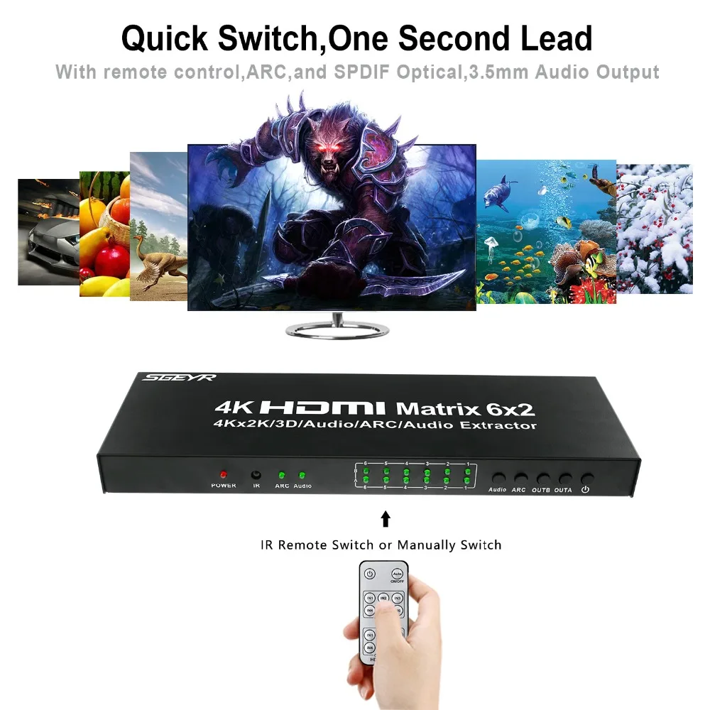 SGEYR HDMI Matrix 4x2 6x2 Switch Splitter 4 in/6 in 2 out with SPDIF+ 3.5MM audio Extractor 4Kx2K/30HZ with Remote control SGEYR HDMI Matrix 4x2 6x2 Switch Splitter 4 in/6 in 2 out with SPDIF+ 3.5MM audio Extractor 4Kx2K/30HZ with Remote control