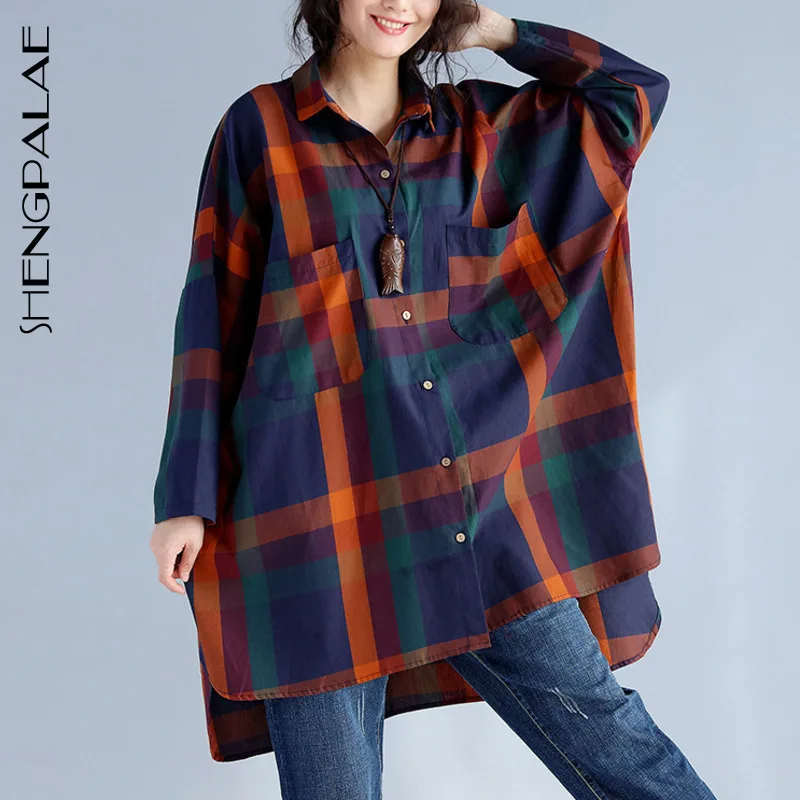 

SHENGPALAE 2019 Summer Blouse Personality Plaid Patchwork Turn-down Collar Long Sleeve Loose Large Women Shirt Casual Stock F839