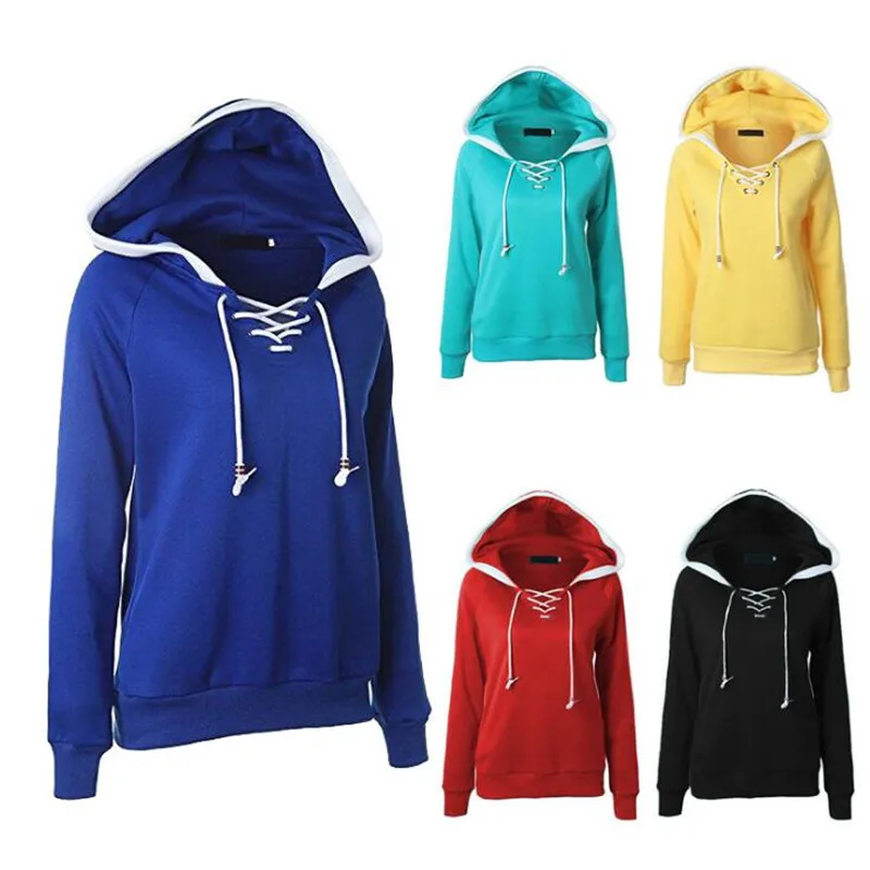 2017 SexeMara New Solid Color String Up Collar Casual Hooded Work Out