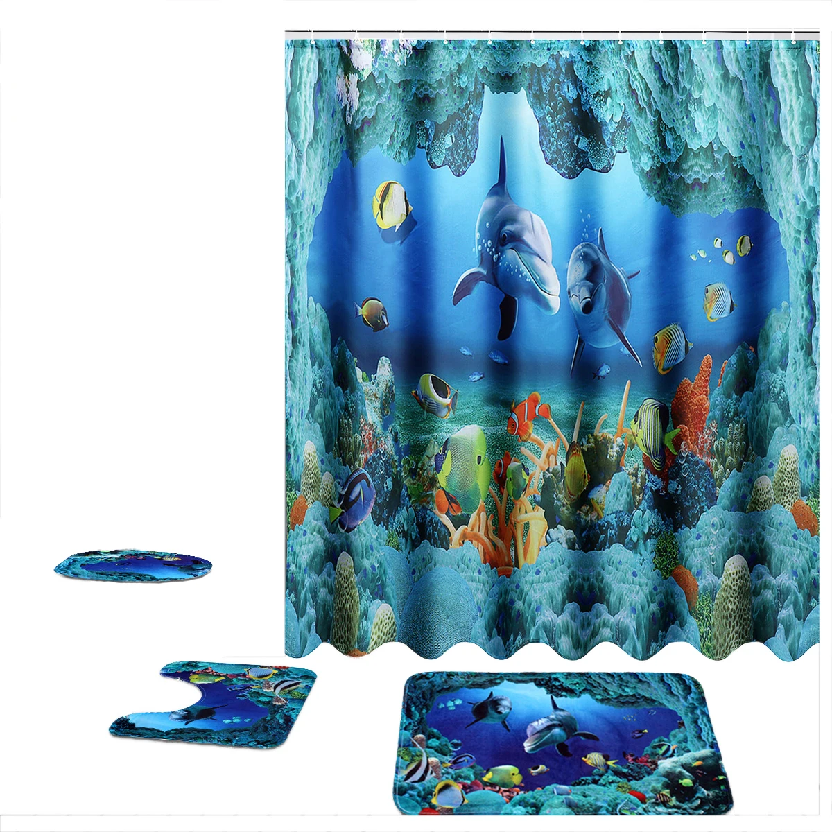 Ocean Dolphin Deep Sea Shower Curtain Polyester Waterproof Curtains for Bathroom+ Pedestal Rug Lid Toilet Cover Bath Mat Set