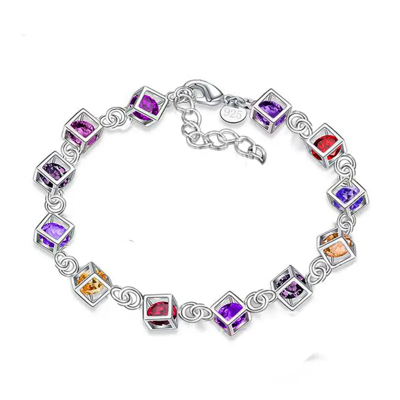 

Hollowed out Cube Inlay Multicolor zircon Bangles Bracelet For Women Trendy Silver Plated Cuff Jewelry Drop shipping Wholesale