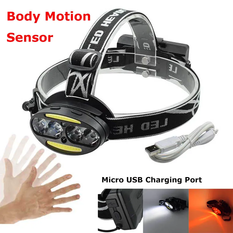6 LEDs Powerful Body Motion Sensor USB Headlamp White Red Light Frontal