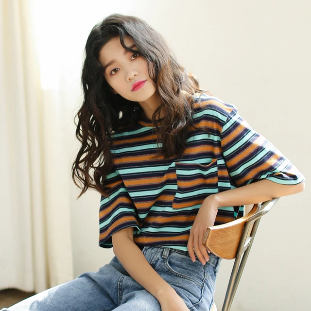2018 summer Women Casual Loose stripe Printed t-Shirts Ulzzang Harajuku Girlfriends Short Sleeve Comfortable student tee Tops 1