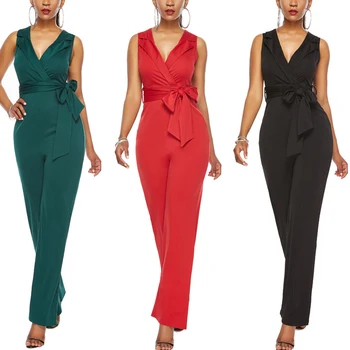 

Women Sleeveless Solid Color Deep V Neck Jumpsuit Breathable for Summer Beach Party FS99