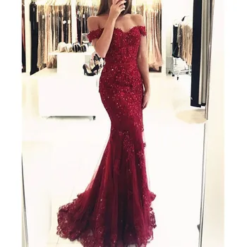 

Dark Red Mermaid Dress For Evening High Quality Beaded Appliques Tulle Floor Length Long Prom Gowns Custom Made Party Dress