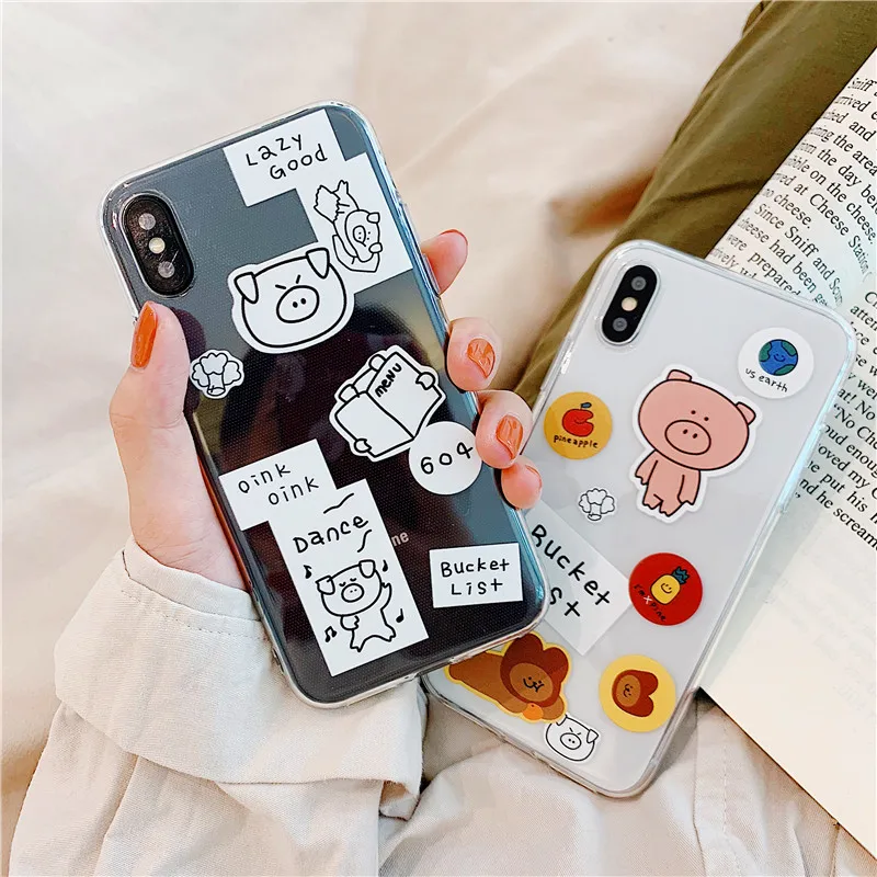 

Funny pig Pattern Phone Case For iPhone 8 7 6 S Plus Cartoon Letter Cases For iPhone XS Max X XR Transparent TPU Silicon Cover