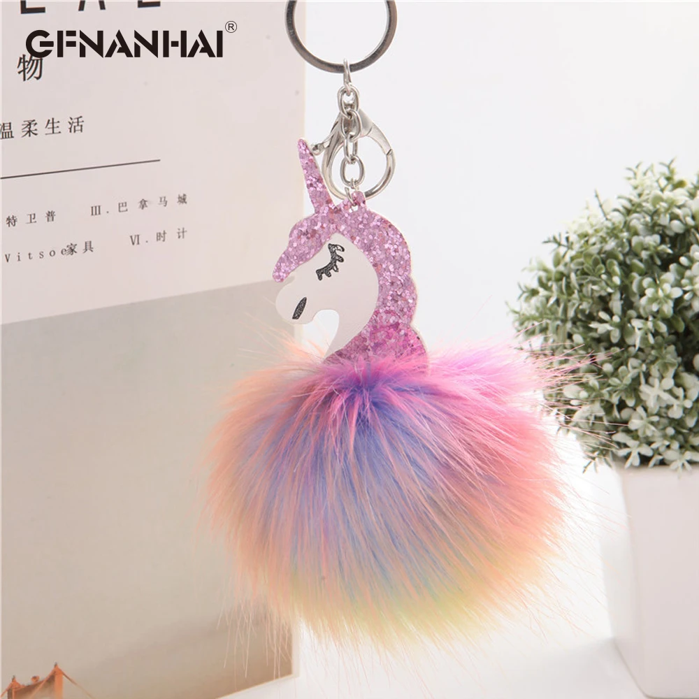 High Quality Anime Horse Toy Cute Metal Unicorn KeyChain Plush Toy Pendant Women Colorful hair ball Keyring Bag Hang Plush Toy