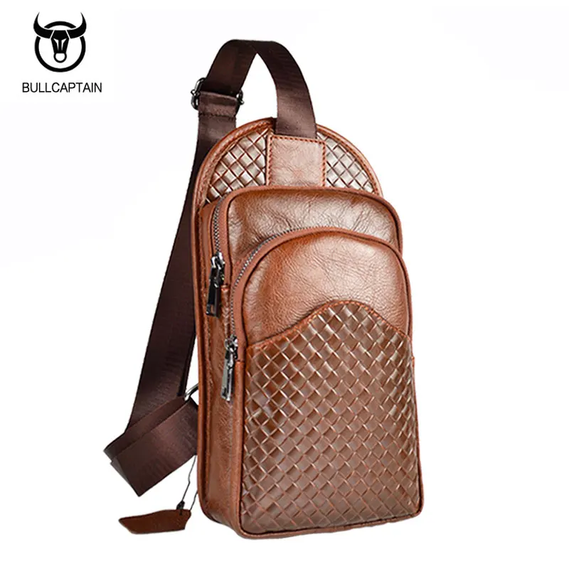BULLCAPTAIN Brand Man Bags Genuine Leather Men Chest Bag Knitting Pattern Men Shoulder Pack Bag ...