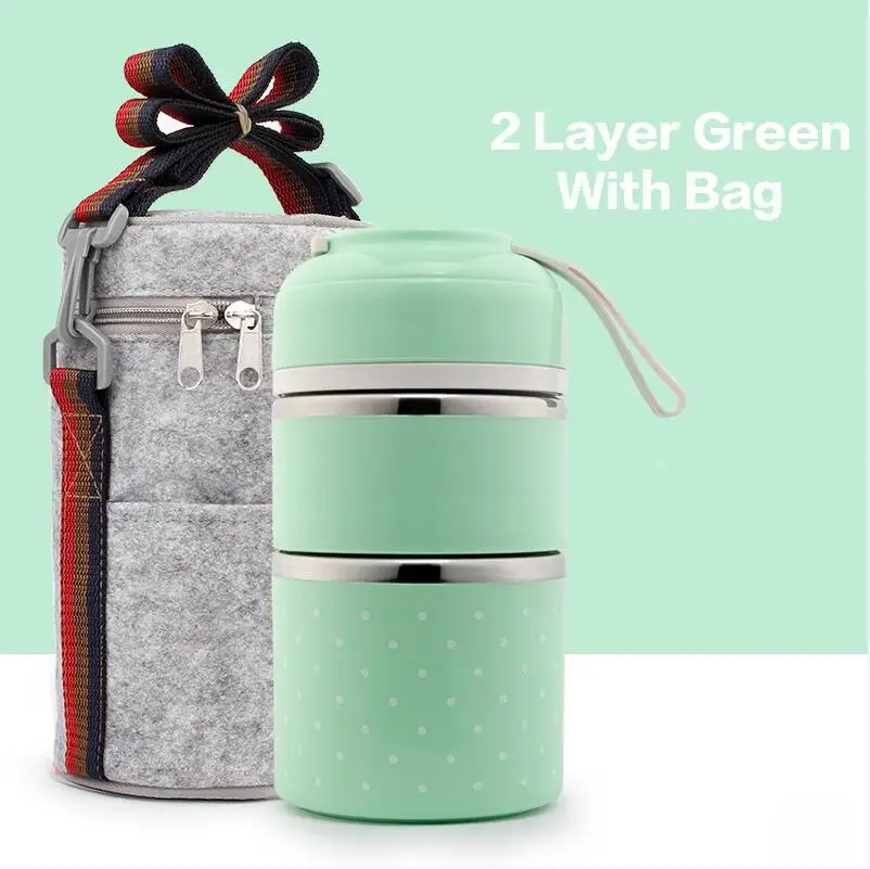 2 Layer Green Bag WORTHBUY PT Прямая поставка Японский милый Ланч-бокс для детей школьная портативная коробка для бенто герметичный контейнер для еды из нержавеющей стали - Цвет: 2 Layer Green Bag
