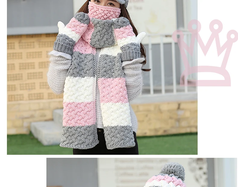 CIVICHIC корейский стиль теплый комплект леди крючком зимний шарф шапка перчатки Маска 4 шт. милый колпачок для помпонов утолщаются варежки полосатая шаль SH188