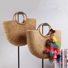 Новая высококачественная пляжная сумка из ротанга с кисточками соломенные сумки сумка ведро летние сумки с кисточками женская сумка плетеная