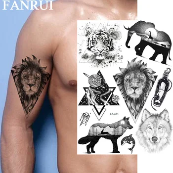 

FANRUI Galaxy Lion Triangle Tiger Wolf Temporary Tattoos For Men Sticker Animal Elephant Fake Tattoo Body Art Waist Black Tatoos
