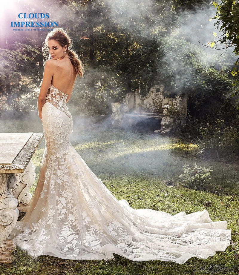

CLOUDS IMPRESSION Sexy Lace Mermaid Wedding Dress Turkey Vestido de Novia Pearl Lace Sheer Bridal Gowns Robe mariee