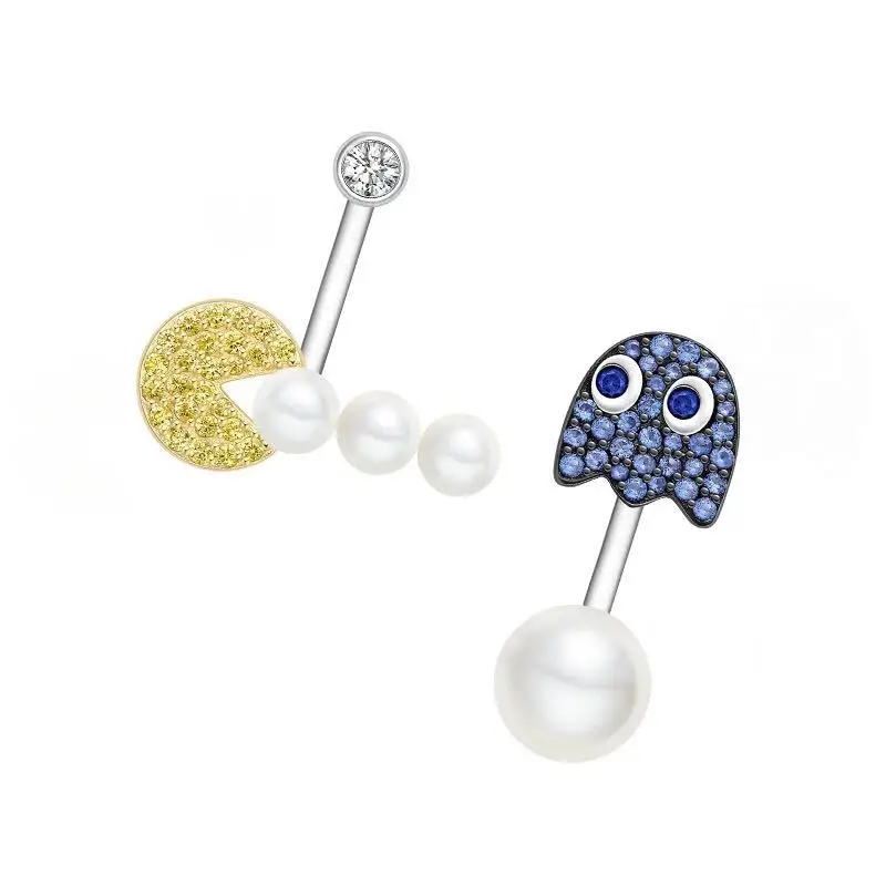 

ZOZIRI zircon adventure Studs Earrings For female sterling silver blue gold cz pearl pacman Earrings pac-man HF Jewelry design