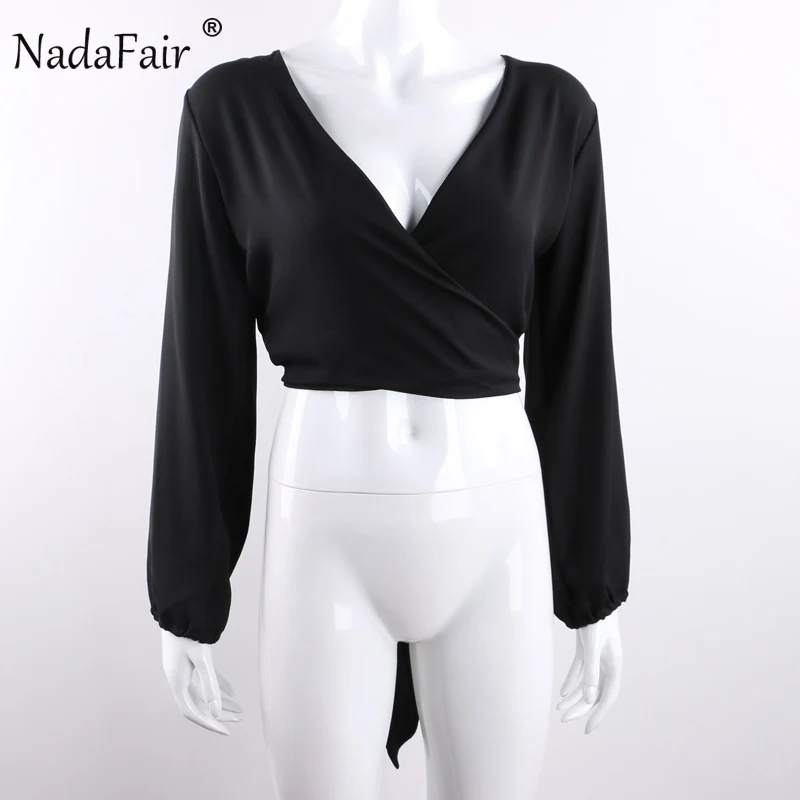 Nadafair, элегантная офисная шифоновая белая блузка, женские рубашки, v-образный вырез, сексуальная открытая спина, бант, вечерние блузки с длинным рукавом, женские топы
