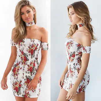 

Women Ladies Clothing Dress Bodycon Floral Off Shoulder Mini Dresses Skinny Flower Clubwear Party Women
