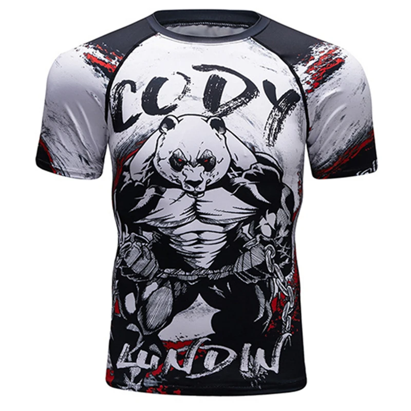 CODY Мужская компрессионная футболка MMA Rashguard, летняя футболка с коротким рукавом для фитнеса, Мужская футболка с 3D принтом медведя, танца железной цепи