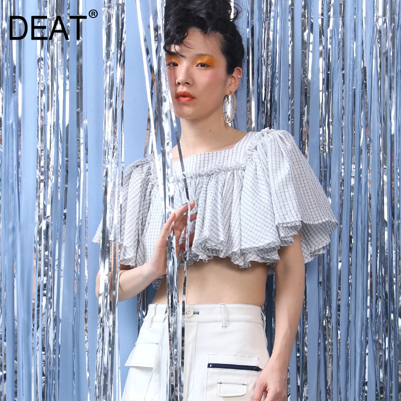 

[DEAT] 2019 New Spring Summer Round Neck Short Sleeve White Plaid Printed Ruffles Split Joint Loose T-shirt Women Fashion JU52