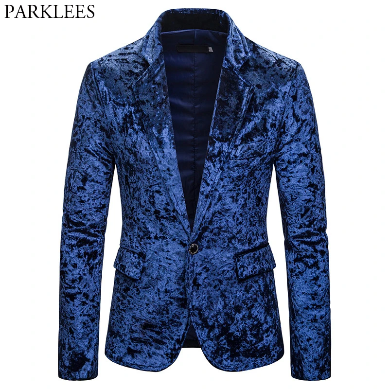 

Royal Blue One Button Velvet Suits&Blazer Men 2019 New Notched Lapel Slim Fit Mens Blazer Jacket Club Party Banquet Blazer Homme