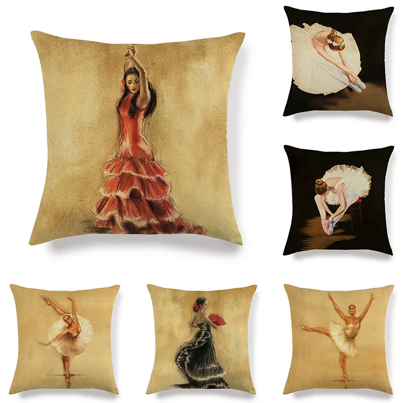 

Retro Ballet Print Cushion Cover Dancer Pattern Linen Pillow Covers for Sofa Seat Couch Vintage Home Decor Accessories 45x45cm