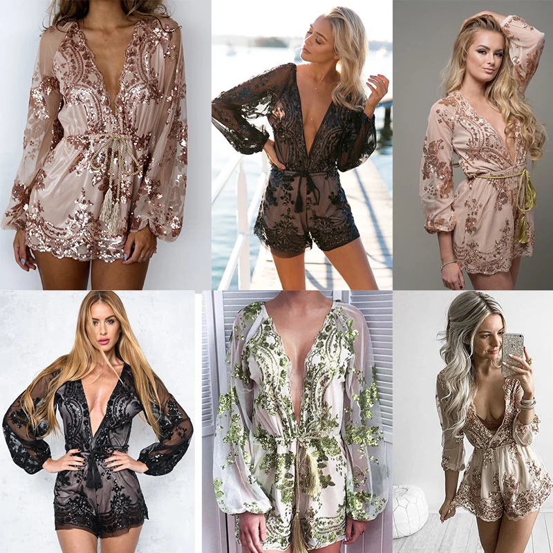 Sexy V Neck Sequin Summer bodysuit Women Mesh Long Sleeve Jumpsuit Clubwear black Gold Party Romper Runway Playsuit Overalls Hot