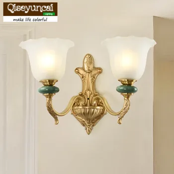 

Qiseyuncai 2018 new American copper living room wall lamp French restaurant bedroom study copper ceramic wall lamp