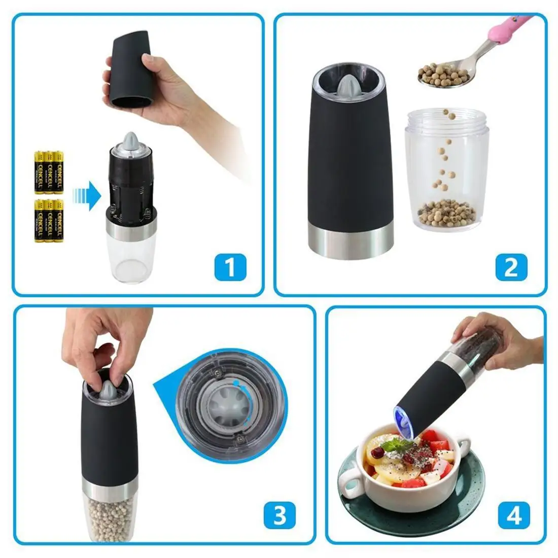 Set of 2 Electric Gravity Pepper& Salt Grinder with LED Light Automatic Adjustable Pepper Spice Mill Kitchen Grinding Tools