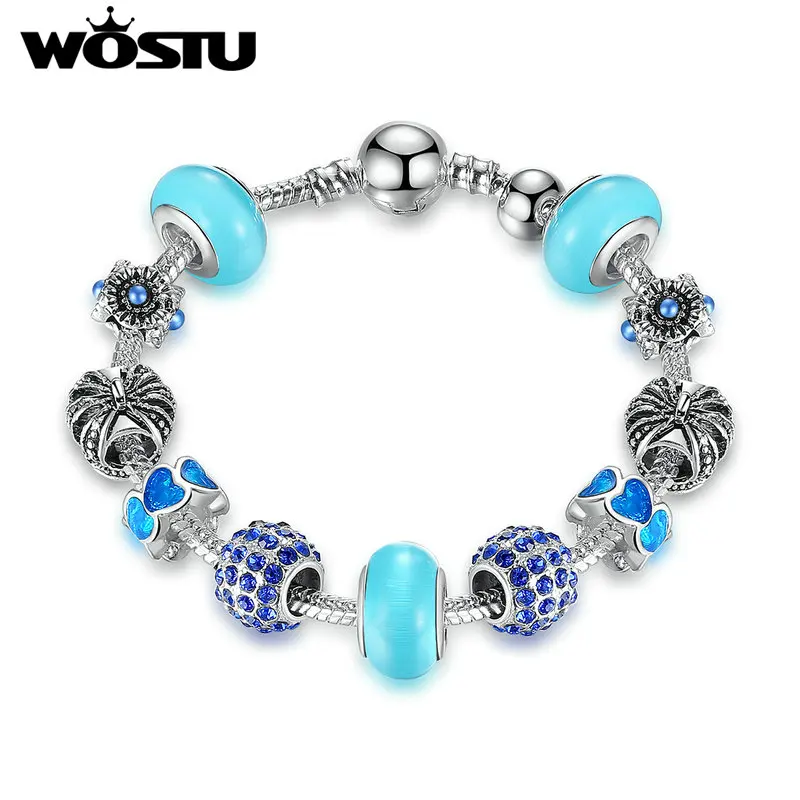 

WOSTU Antique Silver Plated Charm Bracelet & Crown Blue Murano Beads Charm Bracelets & Bangles Jewelry Accessories