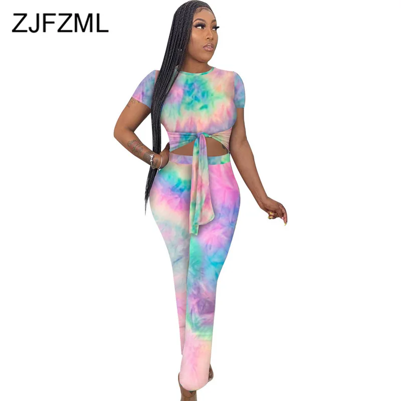 

Rainbow Tie Dye Striped 2 Piece Set Women's Costumes O Neck Short Sleeve Crop Top And Skinny Pants Summer Club Party Sweatsuits