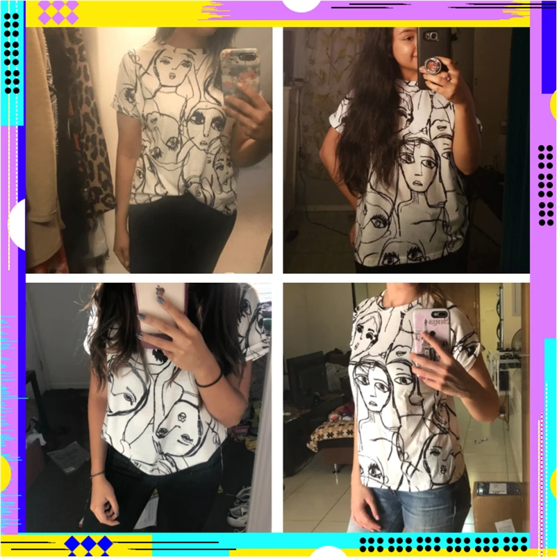 ROMWE Cartoon Print Tunic Top Casual Black And White Summer Short Sleeve Figure Women T-shirt Females Round Neck Tops