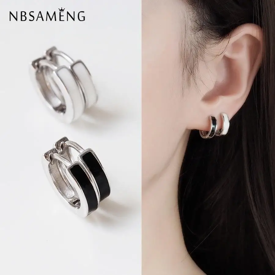 NBSAMENG Аутентичные 925 пробы серебряные белые черные эмалированные круглые простые серьги для женщин и девушек ювелирные изделия подарок