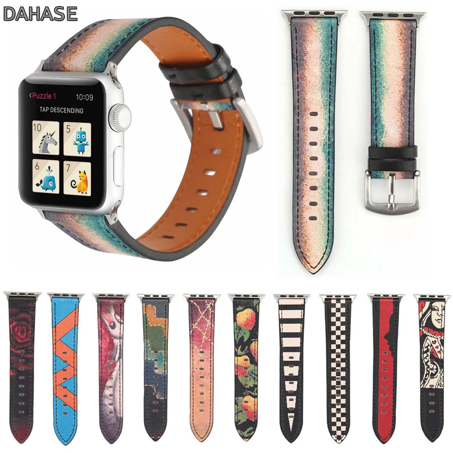 

DAHASE Leather Strap for Apple Watch Band Queen Spider Stripes Grid Rose Leather Strap for iWatch 1/2/3 Flower Print Watchbands