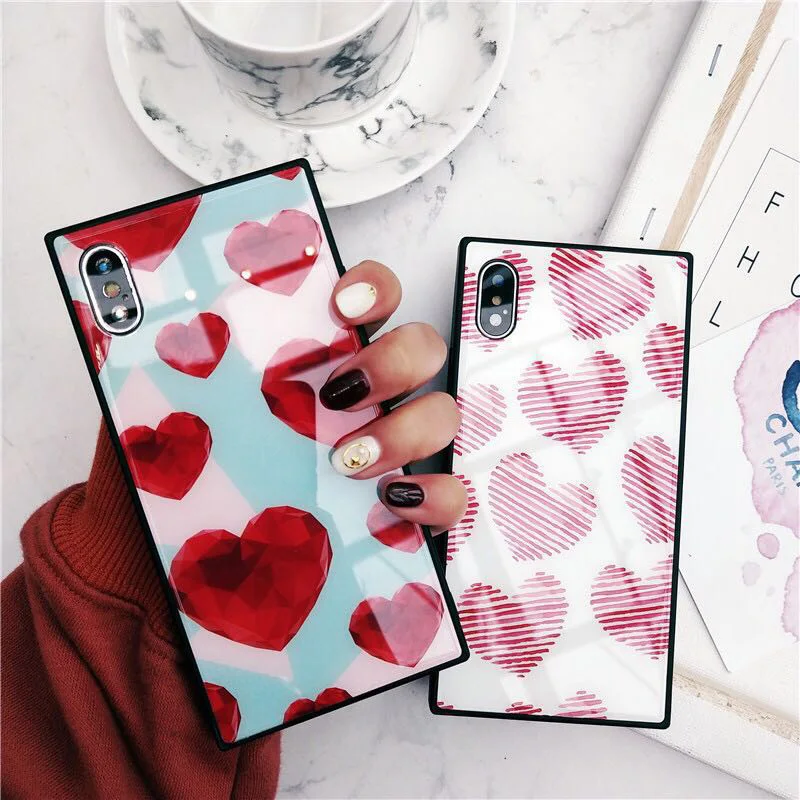 Red Love Heart Tempered Glass Phone Case For iphoneX 8 8plus Square Cover iphone6 6s 7 7plus | Мобильные телефоны и