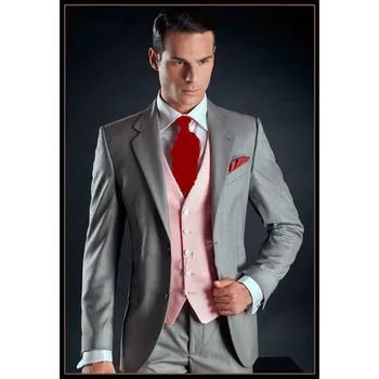Cena Najnowszy Dwa Przyciski światła Szary Groom Smokingi Notch Lapel Groomsmen Męskie ślubne Prom Garnitury (kurtka + Spodnie + Kamizelka + Krawat) Nr: 151
