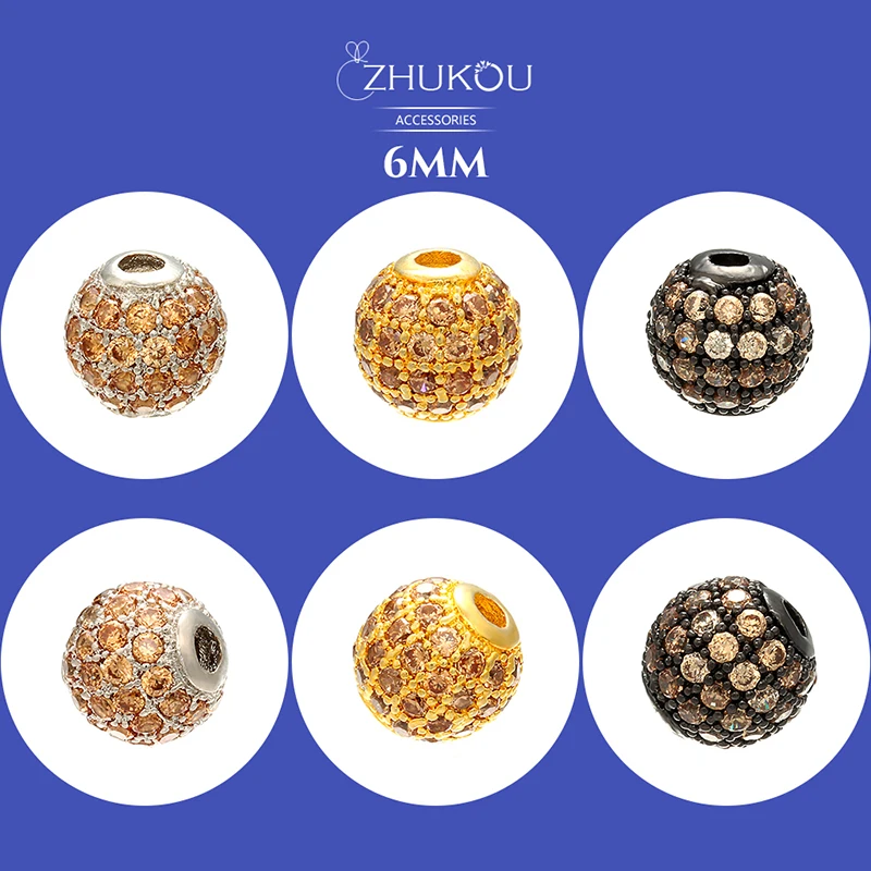 6mm/8mm/10mm Brass Cubic Zirconia Round Spacer Beads Jewelry Accessories Model VZ223