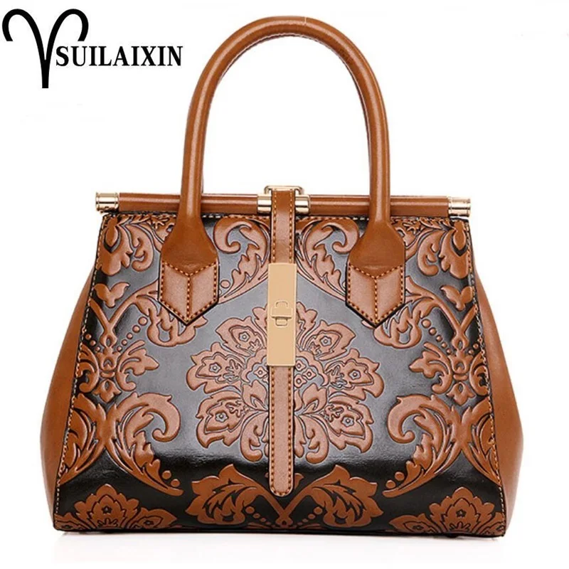 

Women Leather Christmas Bucket Bag Large Vintage Embroidery Embossing Printing retro Floral Handbag Luxury Tote Bag High quality