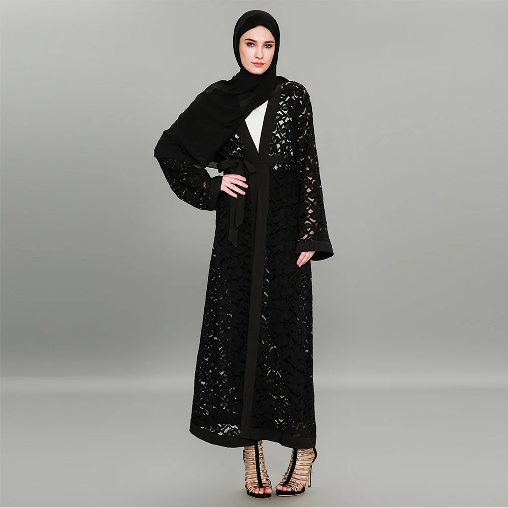 

2019 Spring Autumn Plus Size Lace Trench Coat for Women Hollow Out Loose Open Stitch Muslim Robes Female Long Windbreaker TP1585
